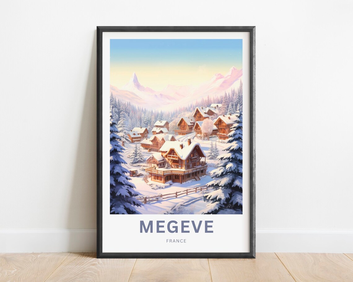 Megeve France Winter Alpine Village Travel Poster Snowy Ski Decor Art