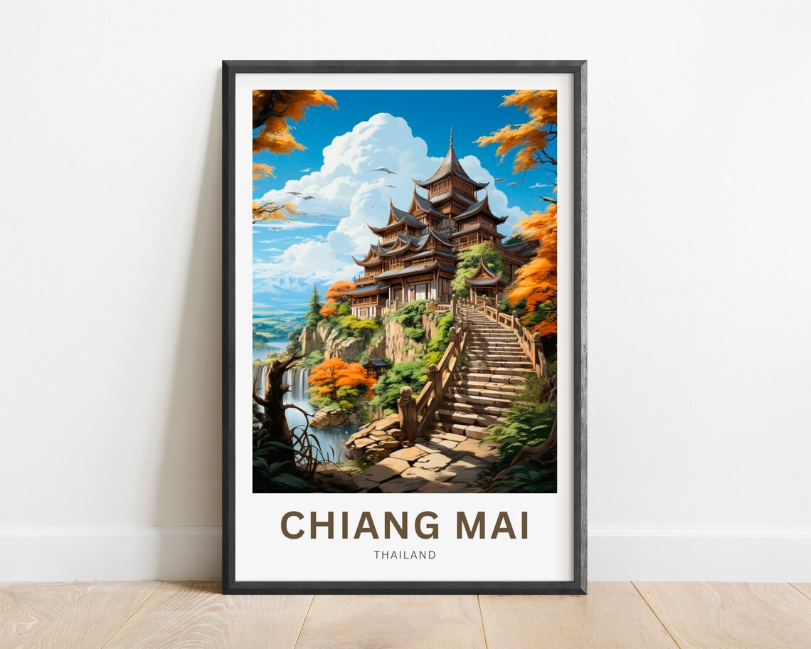 Chiang Mai Thailand Temple Cliff Staircase Waterfall Travel Poster