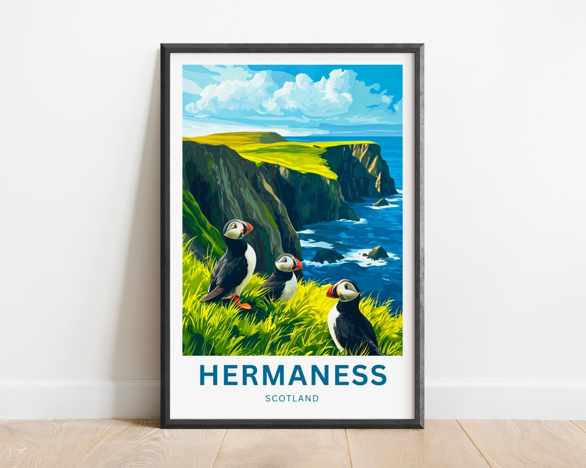 Personalized Hermaness Scotland Puffins on Green Sea Cliffs Poster - Image 2