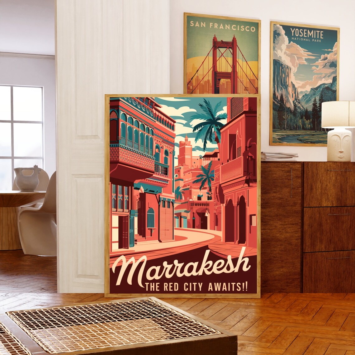 Marrakesh Morocco Red City Street Market Warm Retro Art Poster - Image 5