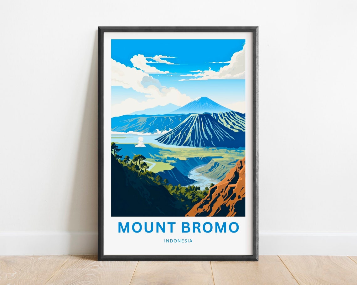 Mount Bromo Indonesia Bright Blue Sky Volcano Valley View Poster