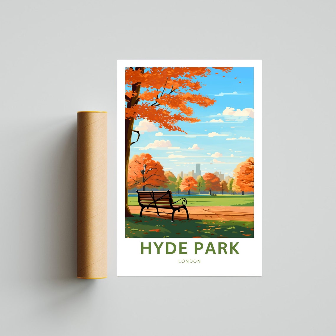 Hyde Park London Autumn Bench Park Scene Fall Color Travel Poster - Image 4