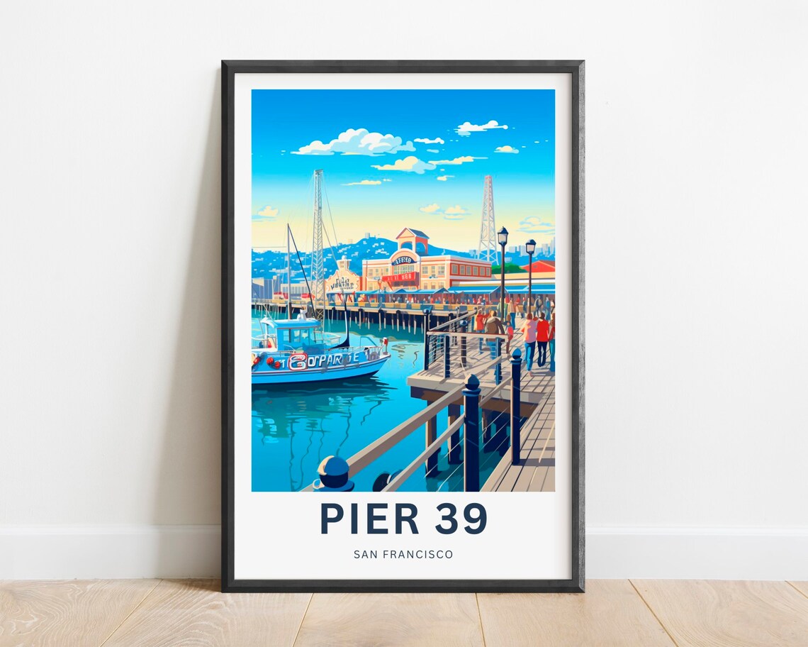 Pier 39 San Francisco Harbor Boat Market Scene Travel Poster