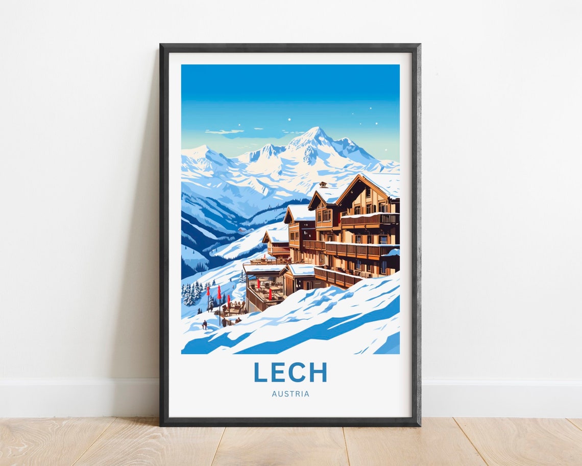 Lech Austria Ski Resort Travel Poster Alpine Lodge Snowy Peaks