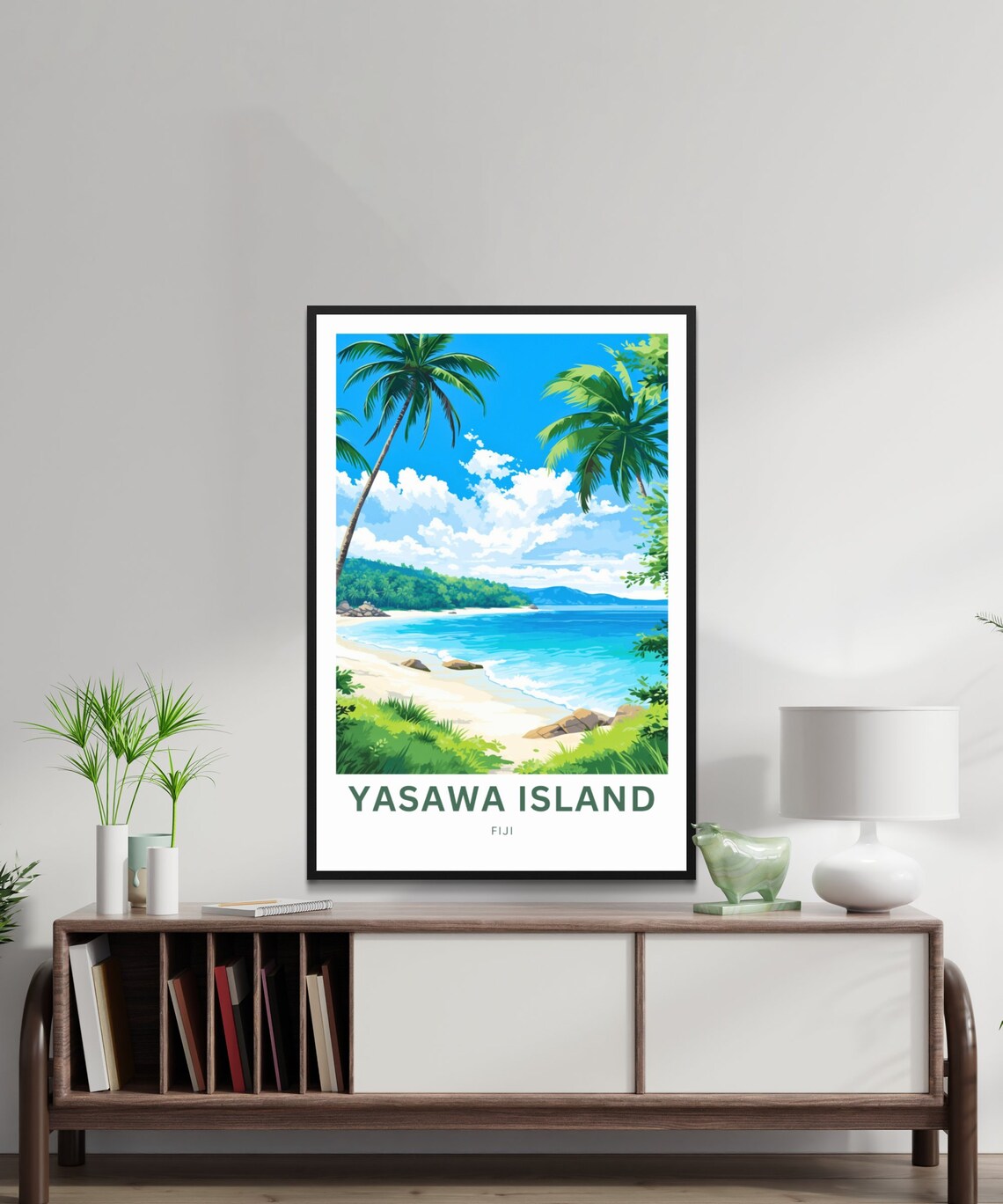 Yasawa Island Fiji Leaning Palms Tropical Surf Beach Scene Poster - Image 2
