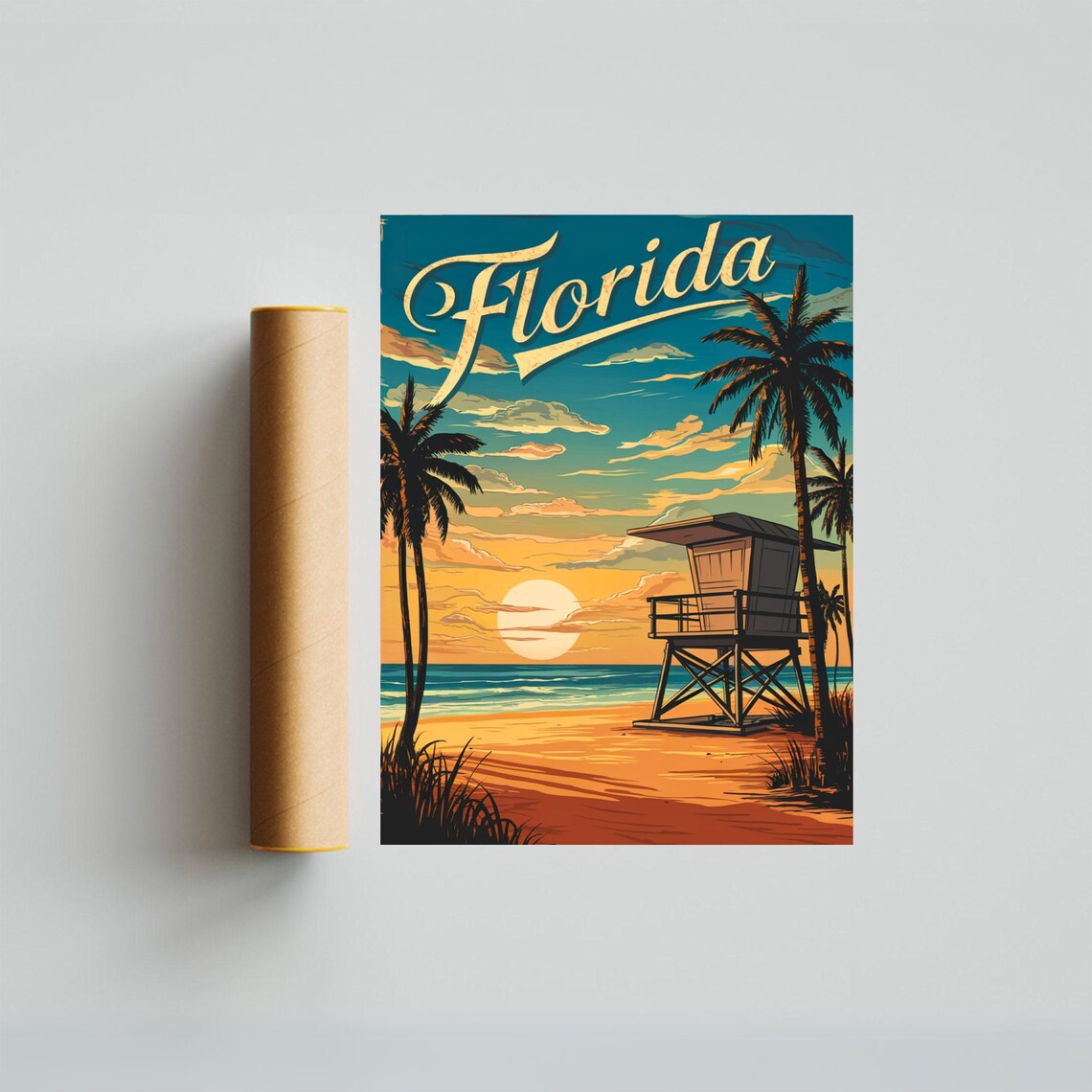 Florida Lifeguard Tower Beach Sunset Palms Retro Vintage Travel Poster - Image 3