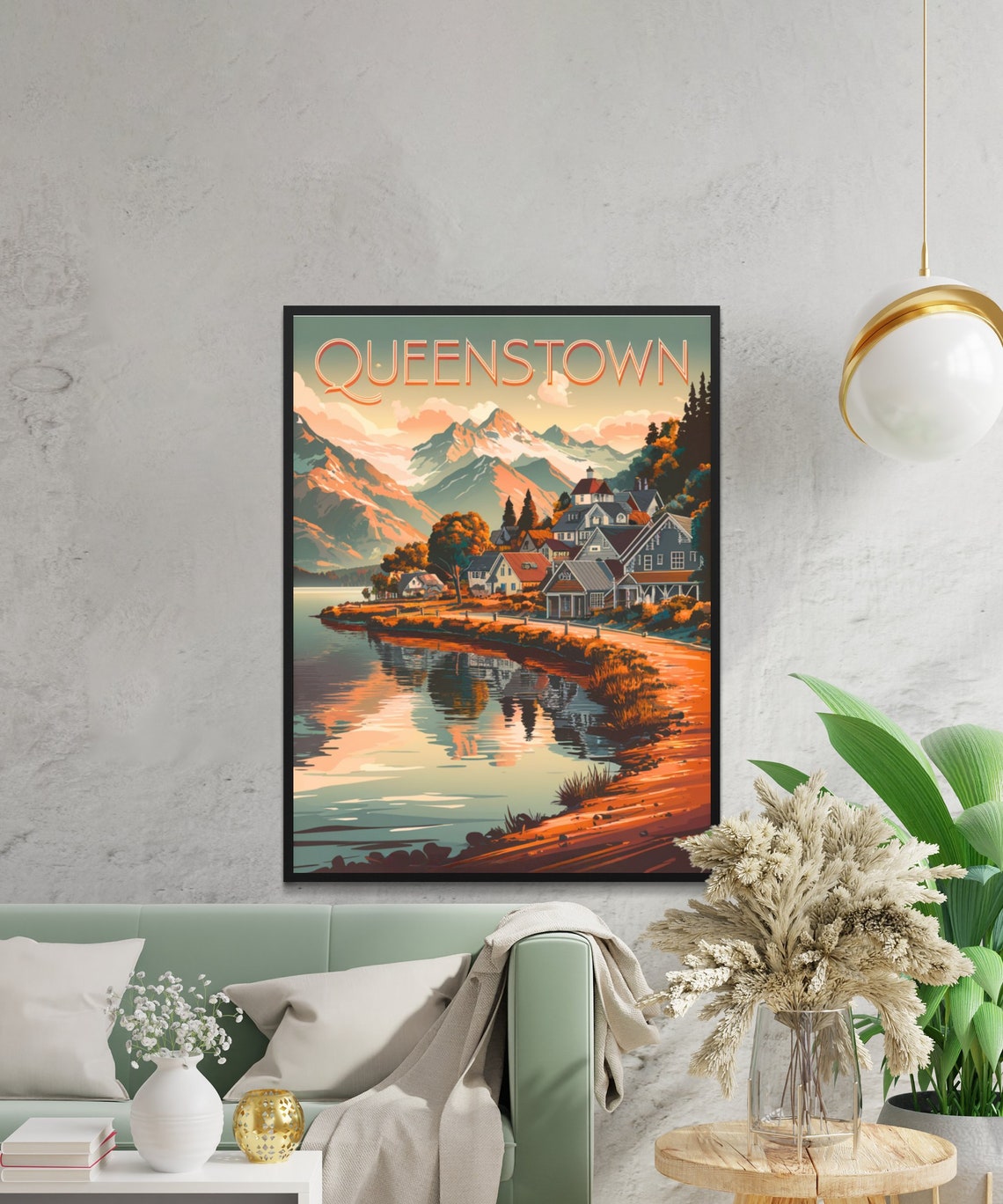 Queenstown New Zealand Vintage Lakeside Town Reflection Poster - Image 3