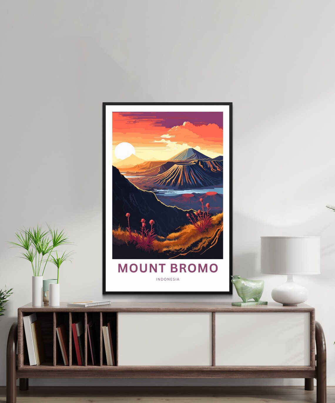 Mount Bromo Indonesia Sunset Volcano and Wildflowers Art Poster - Image 2