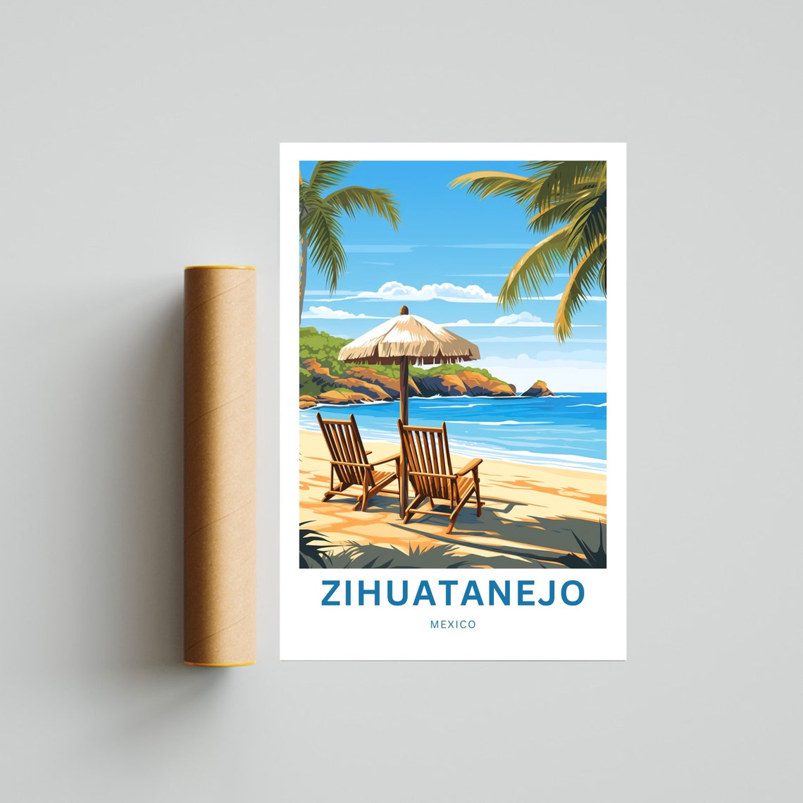 Zihuatanejo Mexico Beach Chairs Umbrella Palm Relaxing Day Poster - Image 4