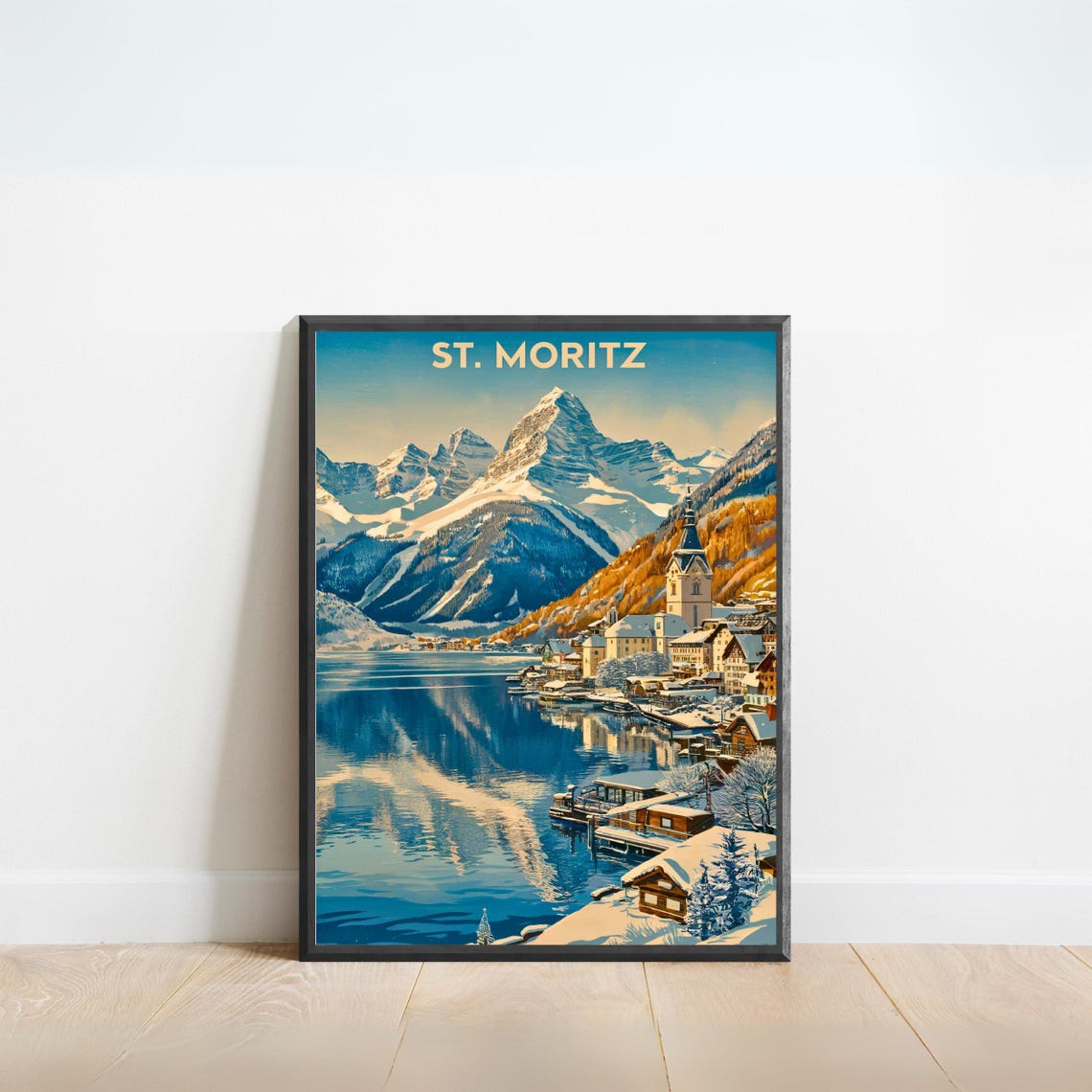 St Moritz Switzerland Snowy Alpine Lake Vintage Travel Poster
