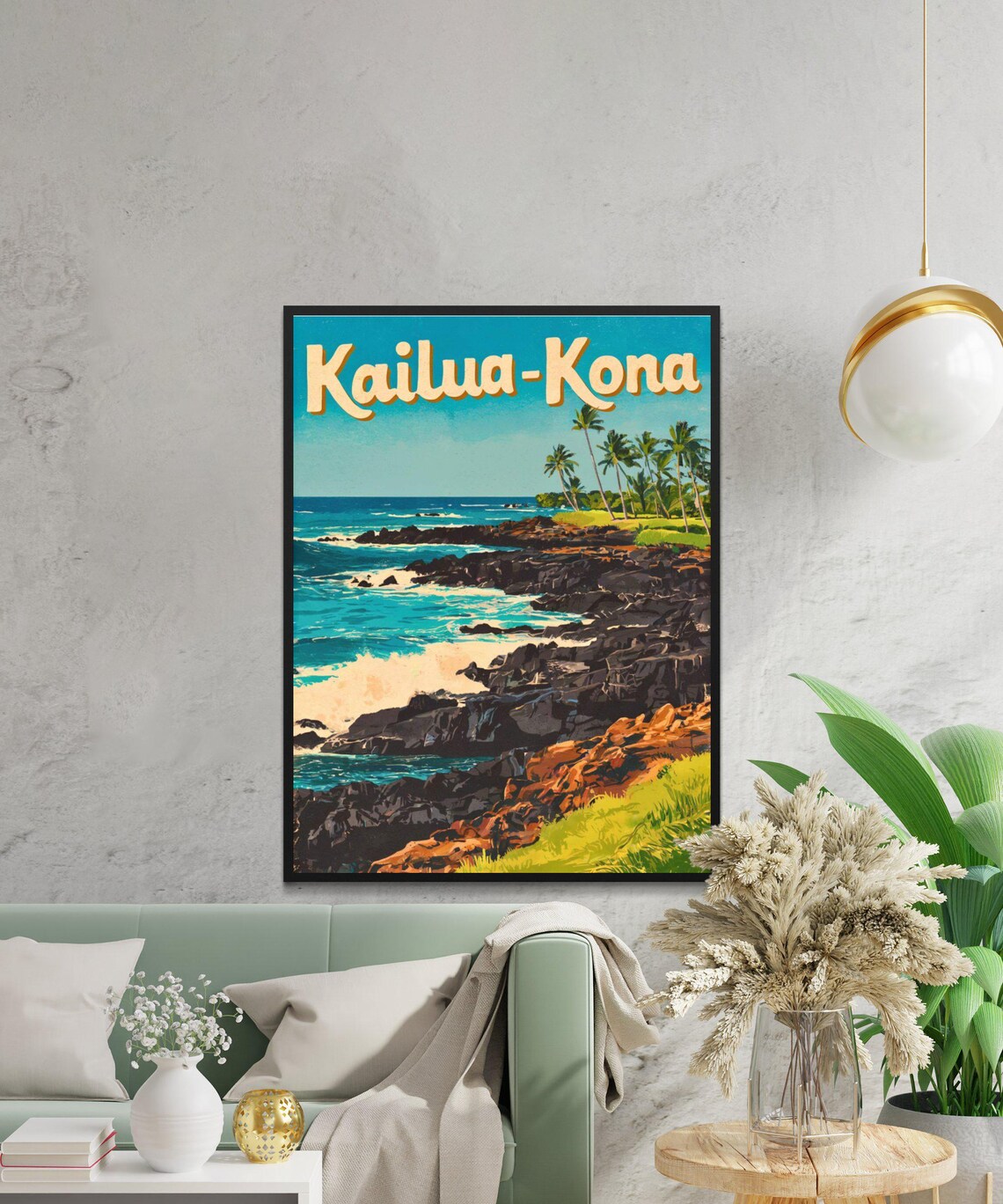 Kailua Kona Hawaii Vintage Rocky Shore Palm Sunset Travel Poster - Image 2