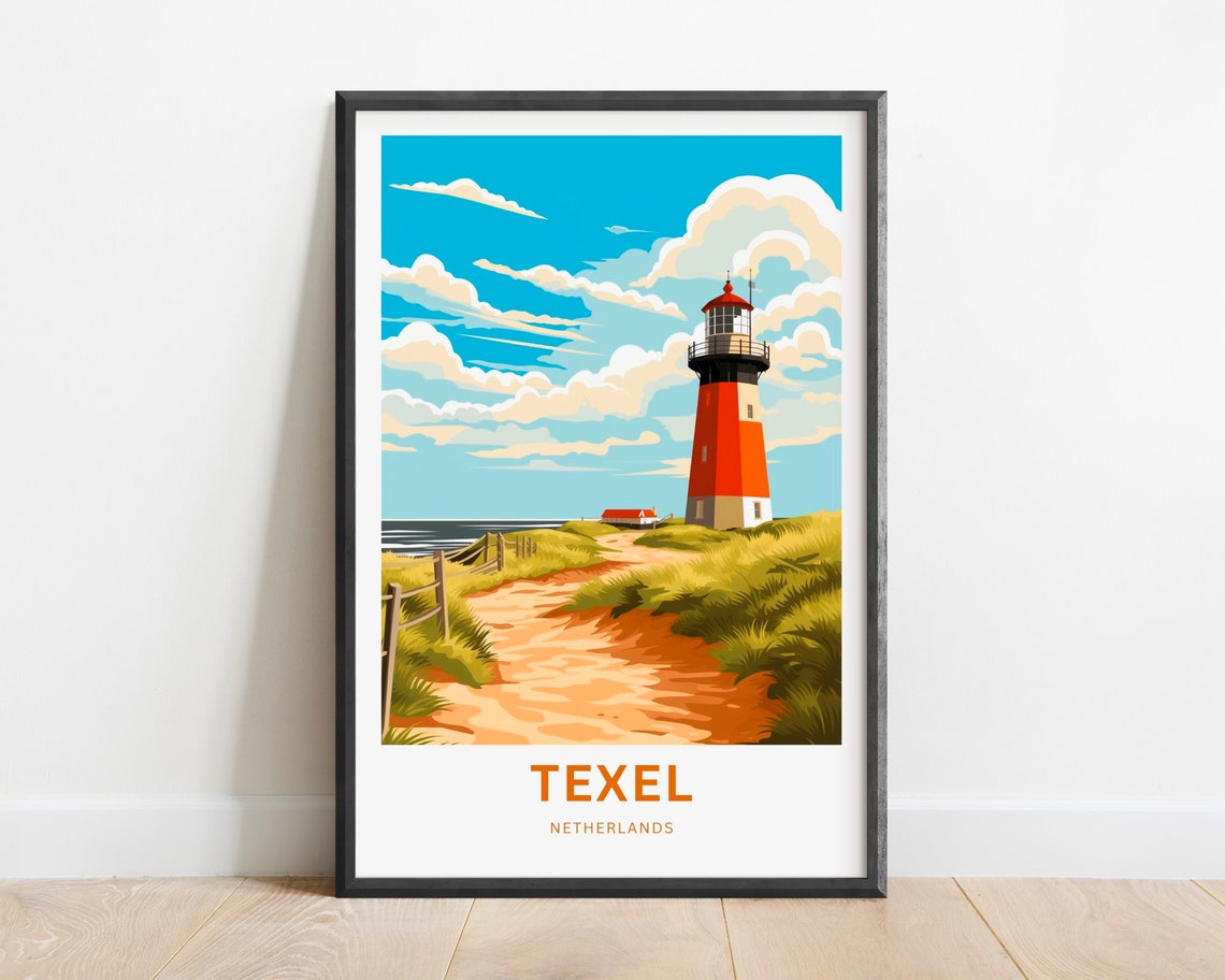 Texel Netherlands Red Lighthouse Sand Dunes Beach Travel Poster