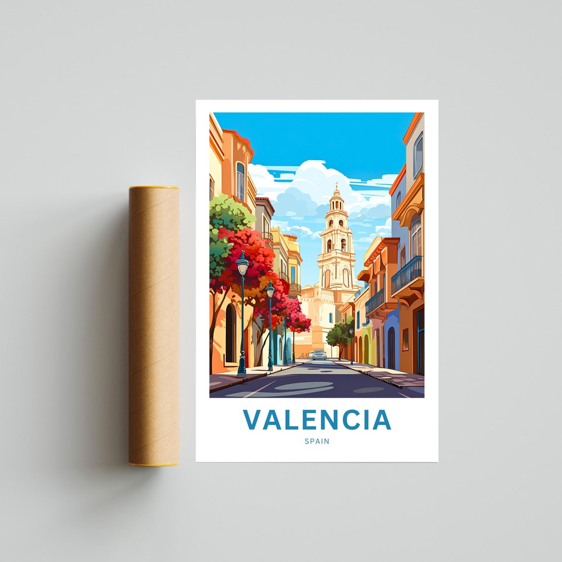 Valencia Spain Colorful Street Church Tower Illustration Poster - Image 4