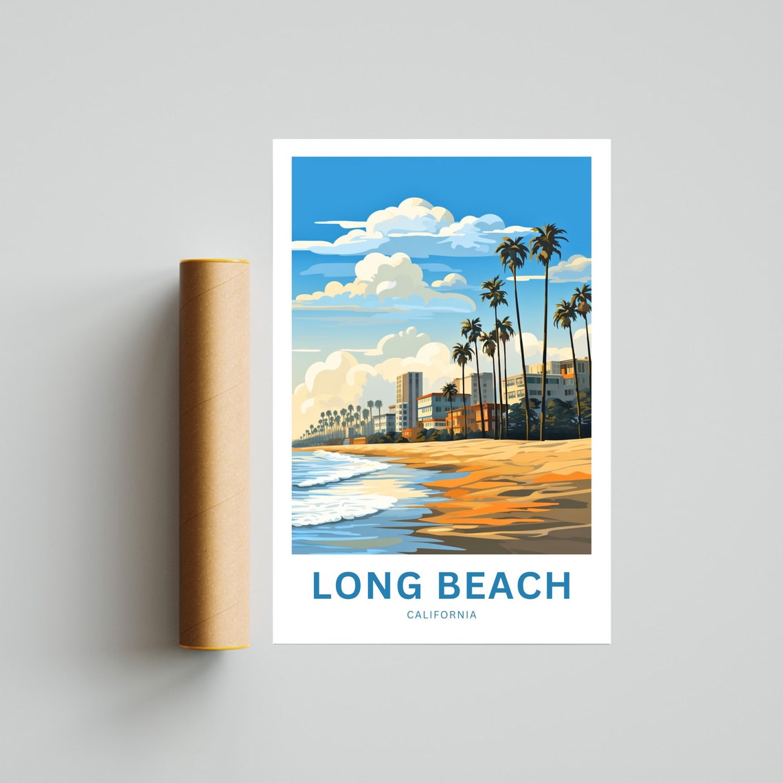 Long Beach California Sunny Sandy Beach Palm Shore Scene Poster - Image 4