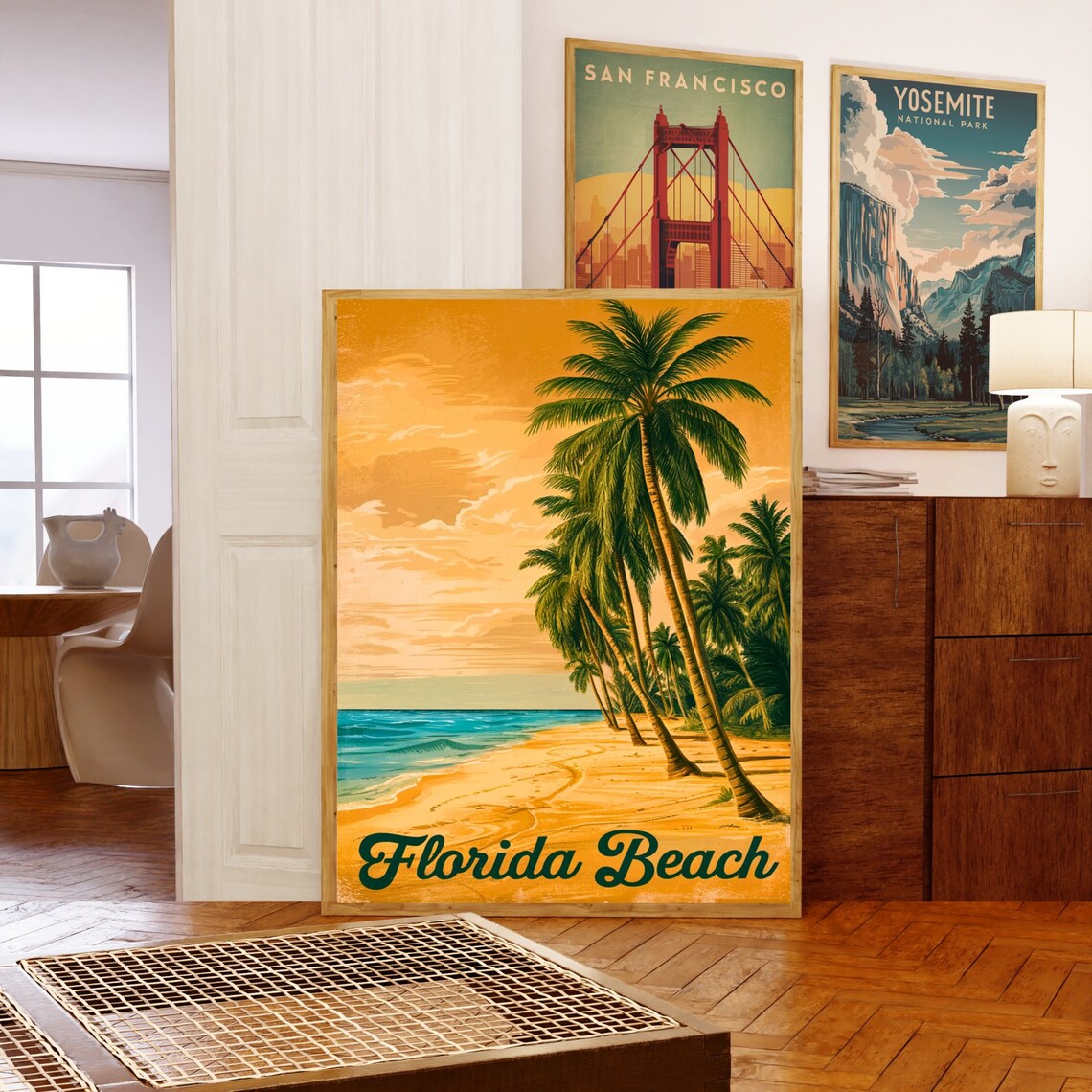 Florida Beach Palm Trees Orange Sunset Sky Retro Vintage Travel Poster - Image 5