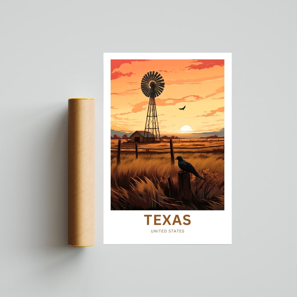 Texas Windmill Sunset Birds Fence Personalized Custom Text Poster - Image 4