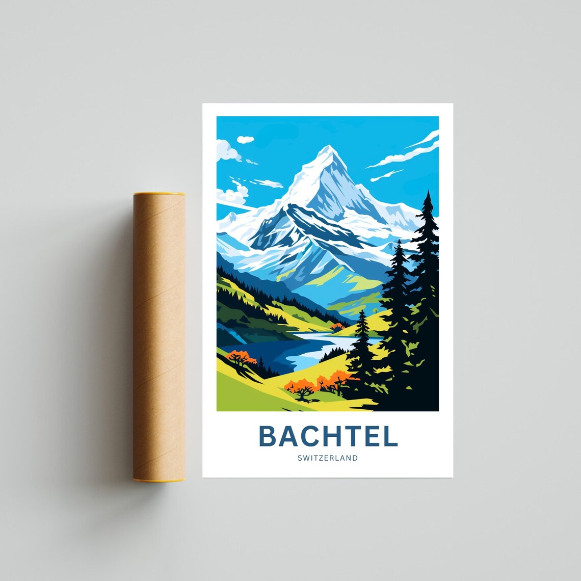 Bachtel Switzerland Snowy Summit Alpine Lake Scene Travel Poster - Image 4
