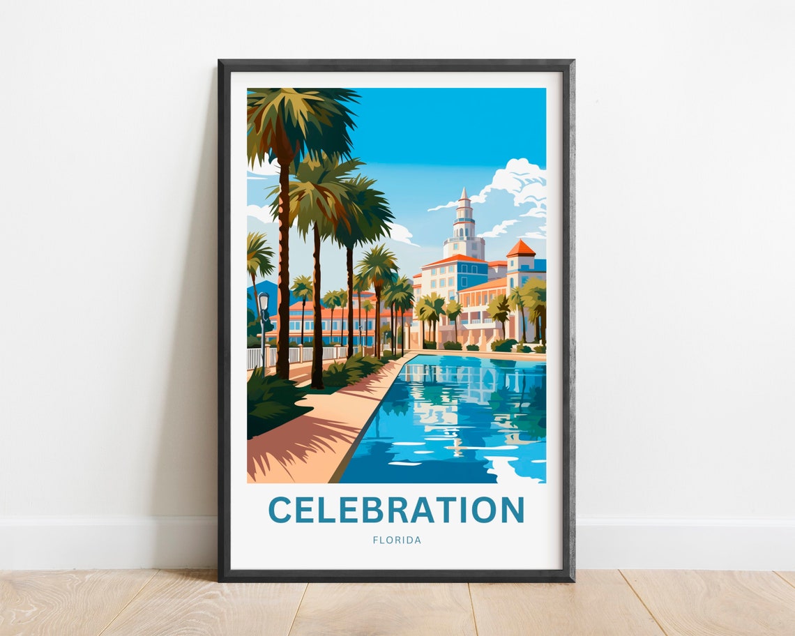 Celebration Florida Palms Waterfront Modern Travel Art Poster