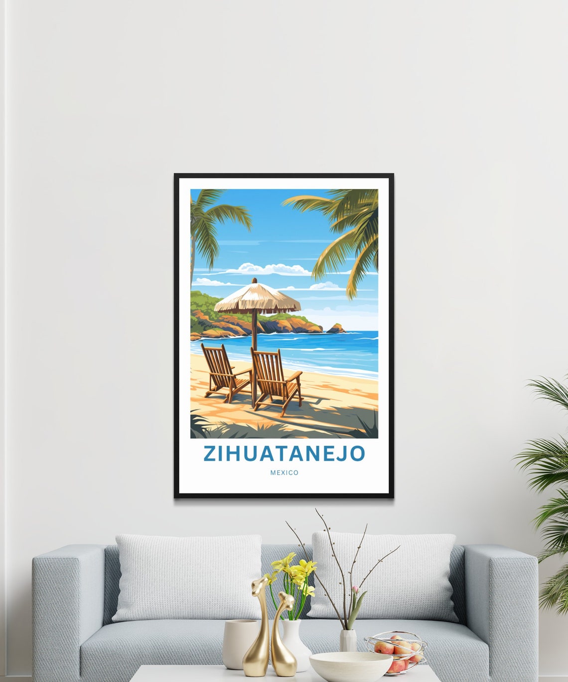 Zihuatanejo Mexico Beach Chairs Umbrella Palm Relaxing Day Poster - Image 3