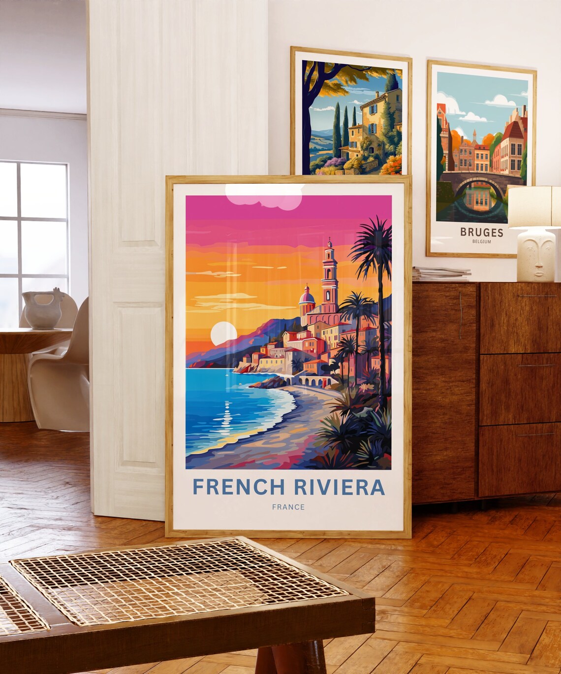 French Riviera France Travel Poster Sunset Coastal Town Palm Beach Art - Image 5