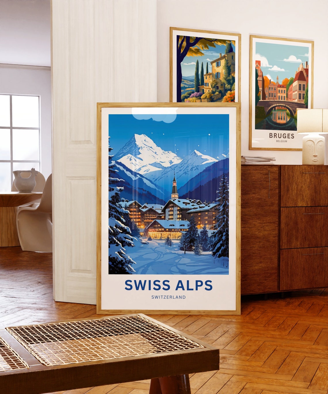 Personalized Swiss Alps Village Winter Night Snow Custom Travel Poster - Image 5
