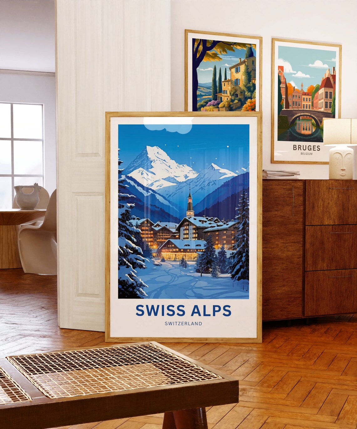Swiss Alps Switzerland Snowy Village Night Alpine Winter Travel Poster - Image 5