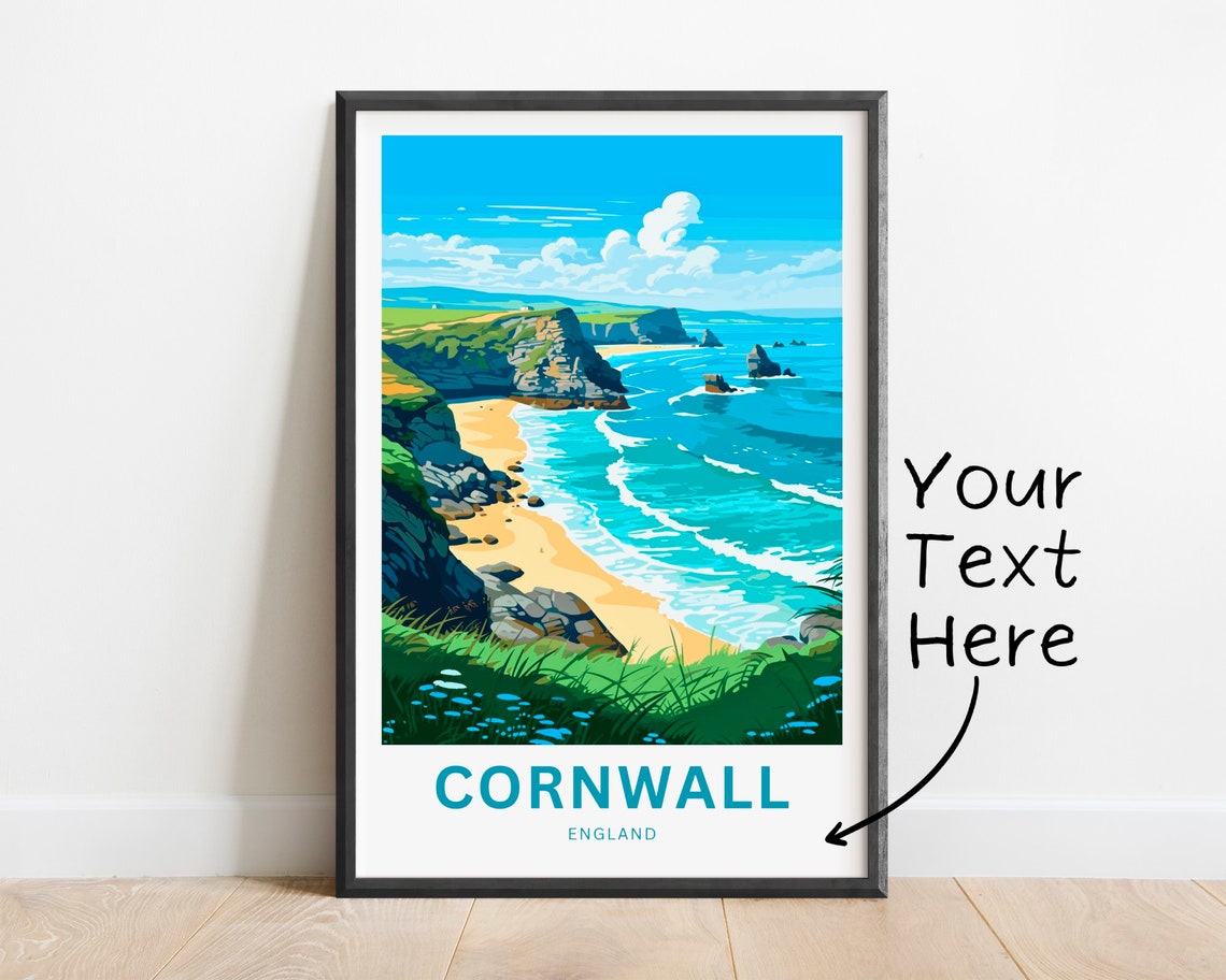 Personalized Cornwall England Coastal Cliffs Travel Poster Gift Art