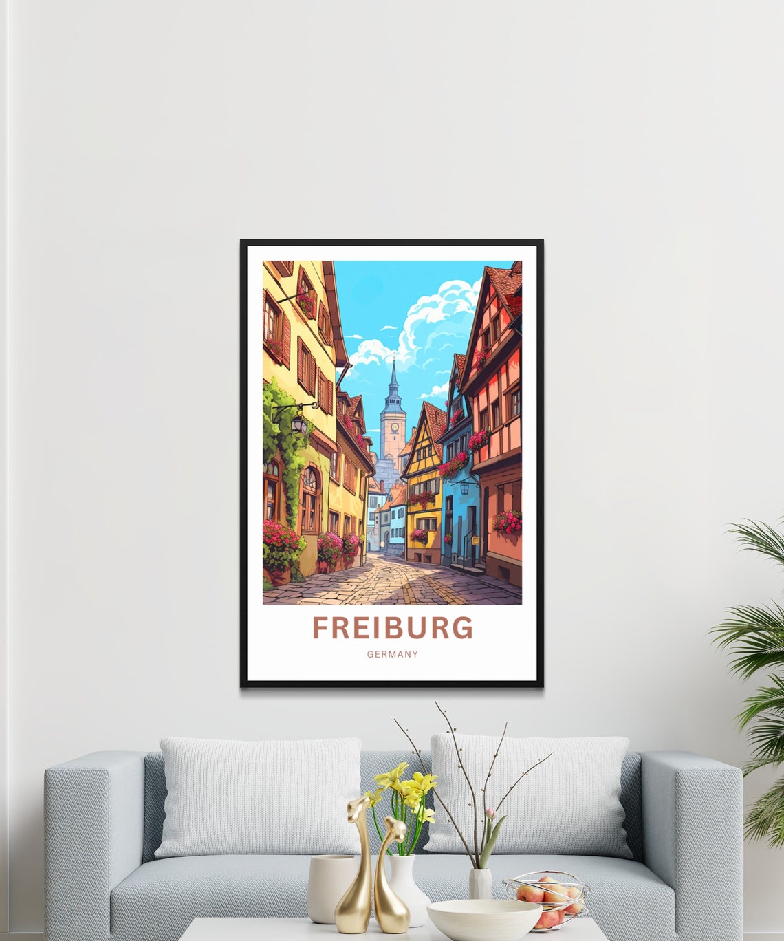 Personalized Freiburg Germany Cobblestone Street Vintage Travel Poster - Image 3