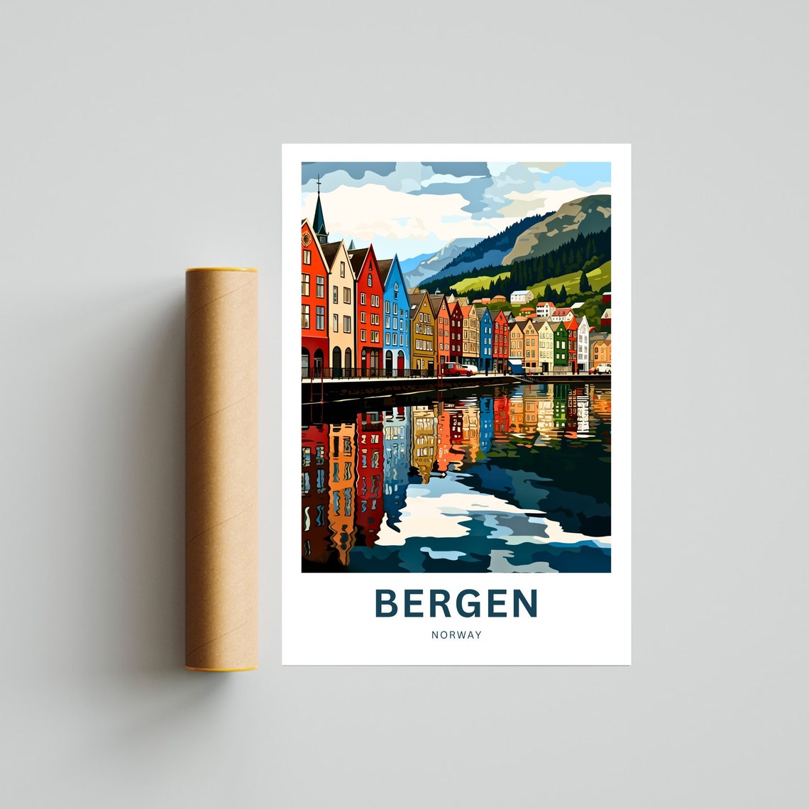 Personalized Bergen Norway Bryggen Harbor Houses Reflection Poster - Image 4