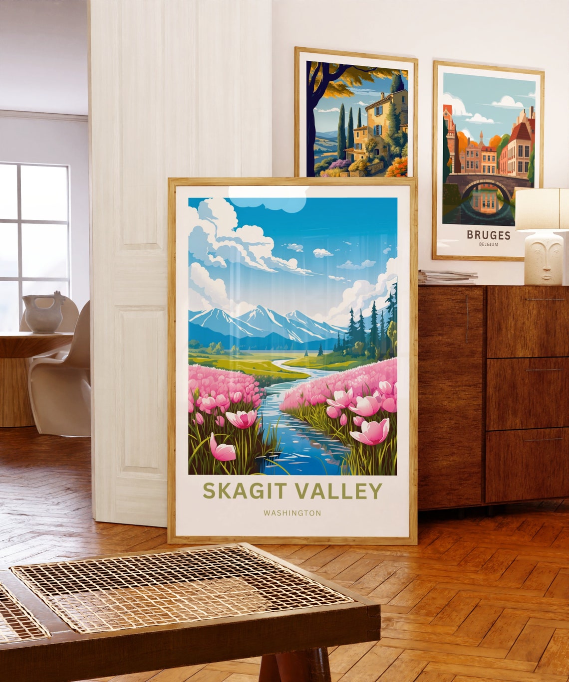 Skagit Valley Washington Pink Tulip Fields Mountain Travel Poster - Image 5