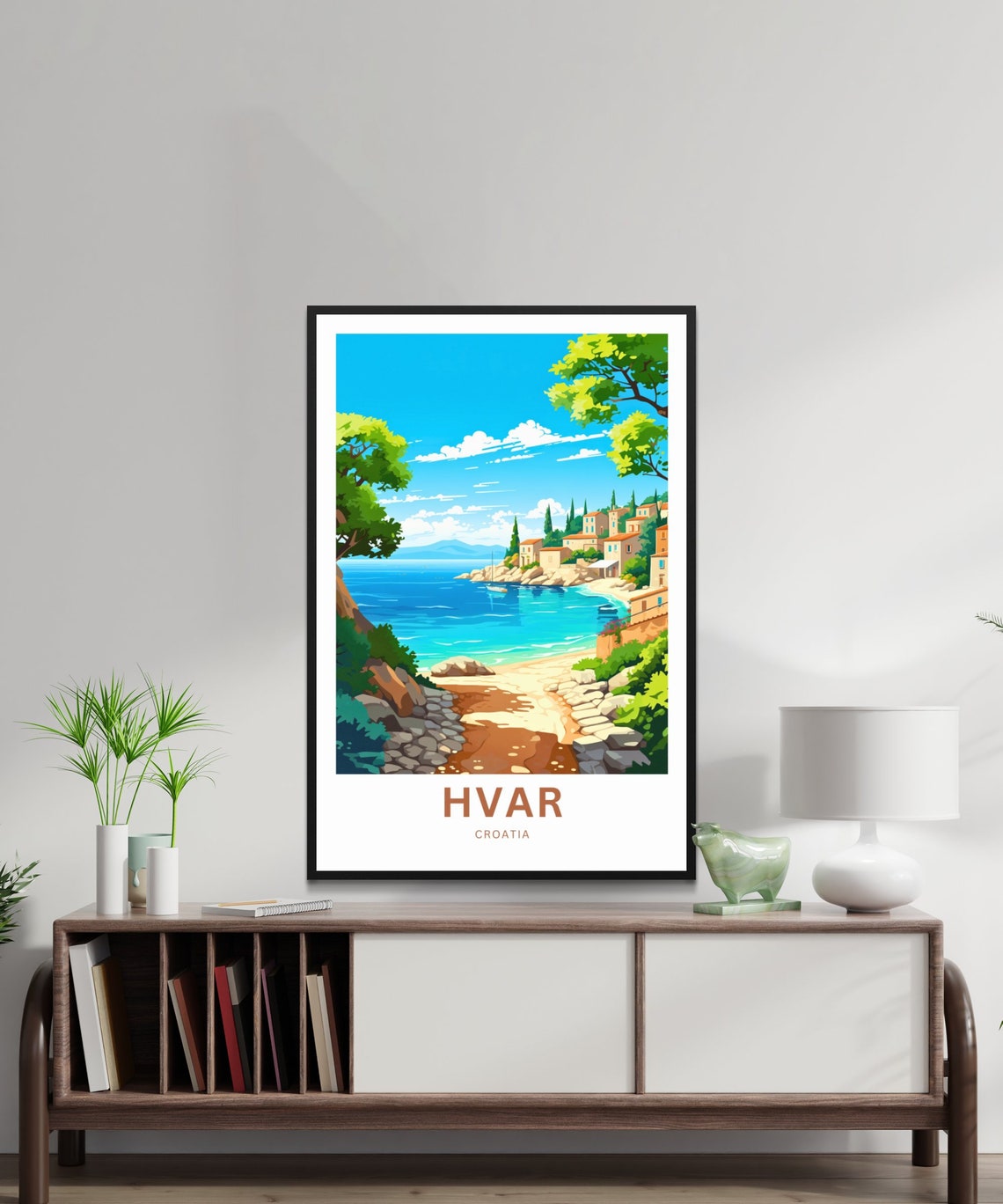 Hvar Croatia Sunny Rocky Beach Cove Coastal Village Travel Poster - Image 2