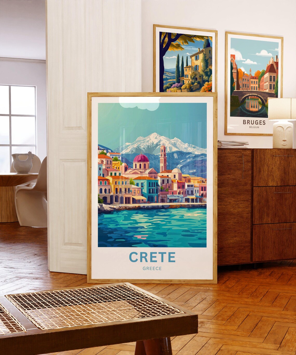 Crete Greece Colorful Coastal Town Snowy Mountain Lively Poster - Image 5