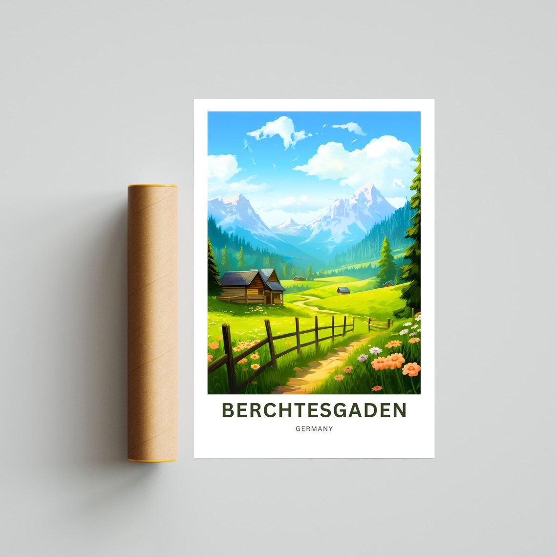 Berchtesgaden Germany Alpine Meadow Cabin Wildflower Travel Poster - Image 4