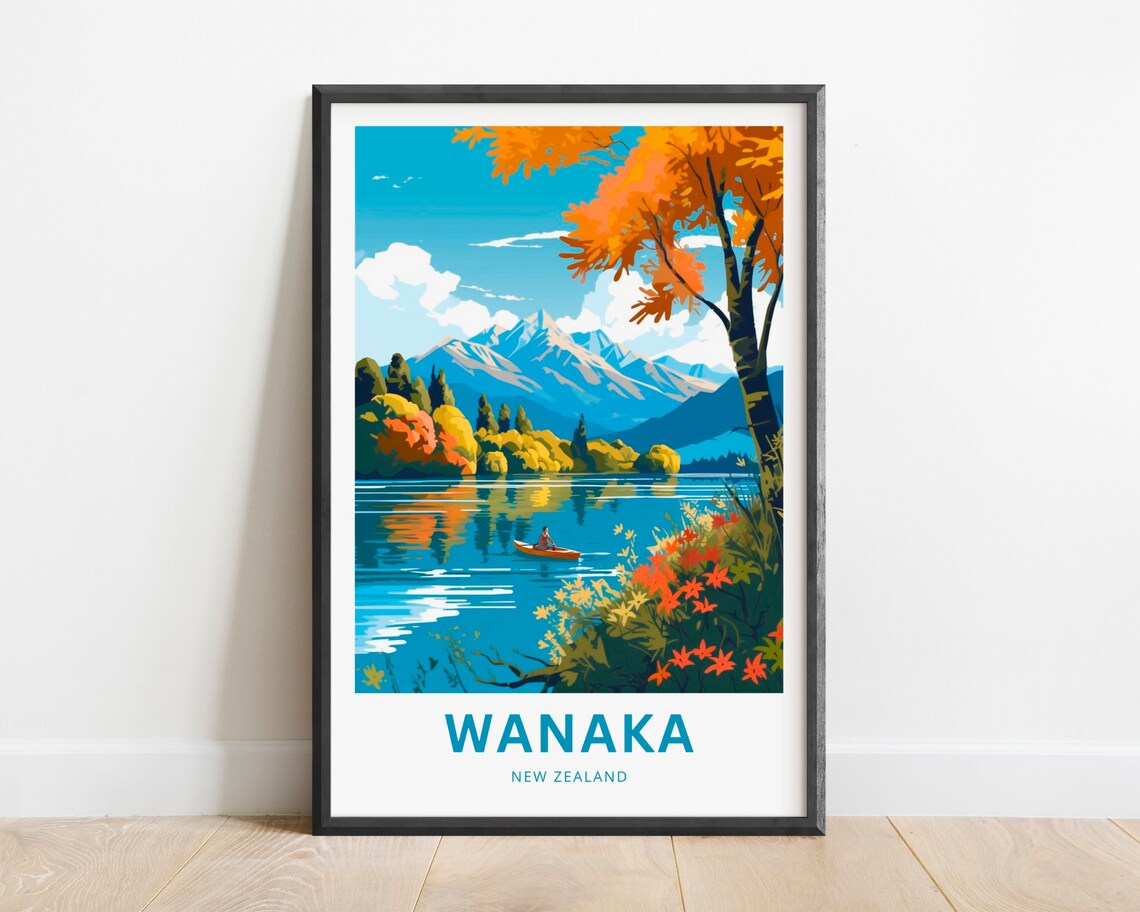 Wanaka Lake Kayaker Autumn Mountains New Zealand Travel Poster Nature