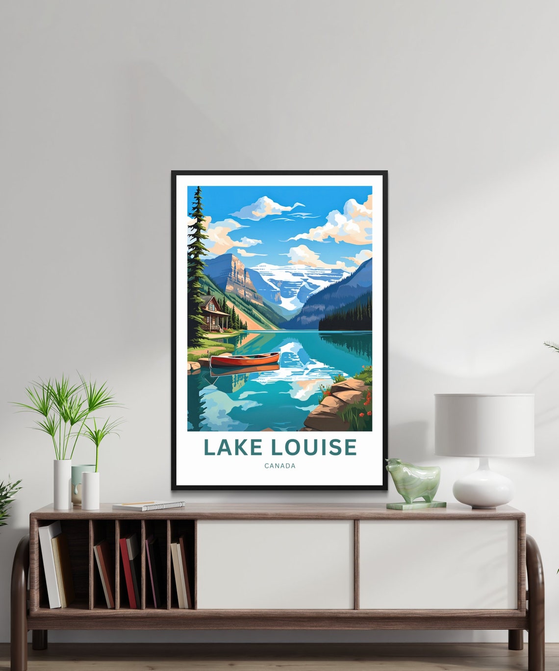 Lake Louise Canada Turquoise Lake Red Canoe Cabin View Travel Poster - Image 2