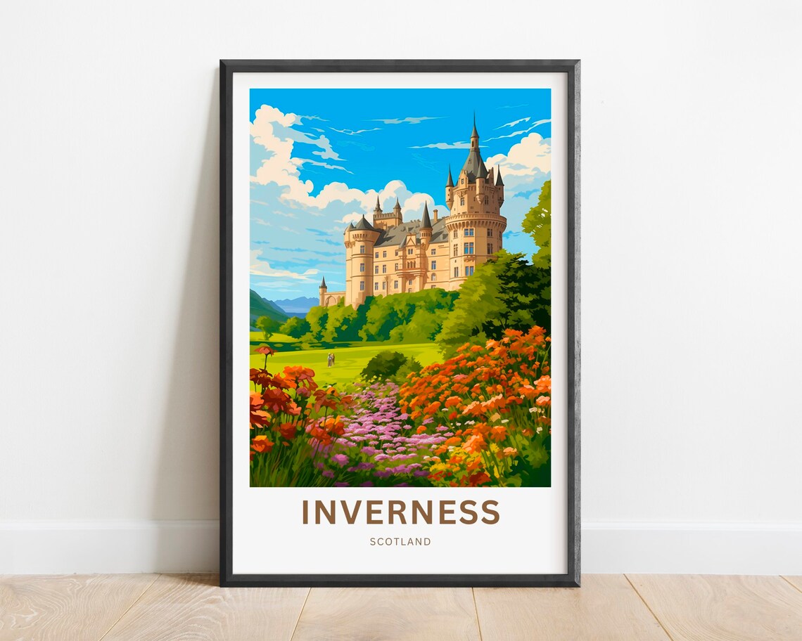 Inverness Scotland Castle Flower Garden Retro Travel Art Poster