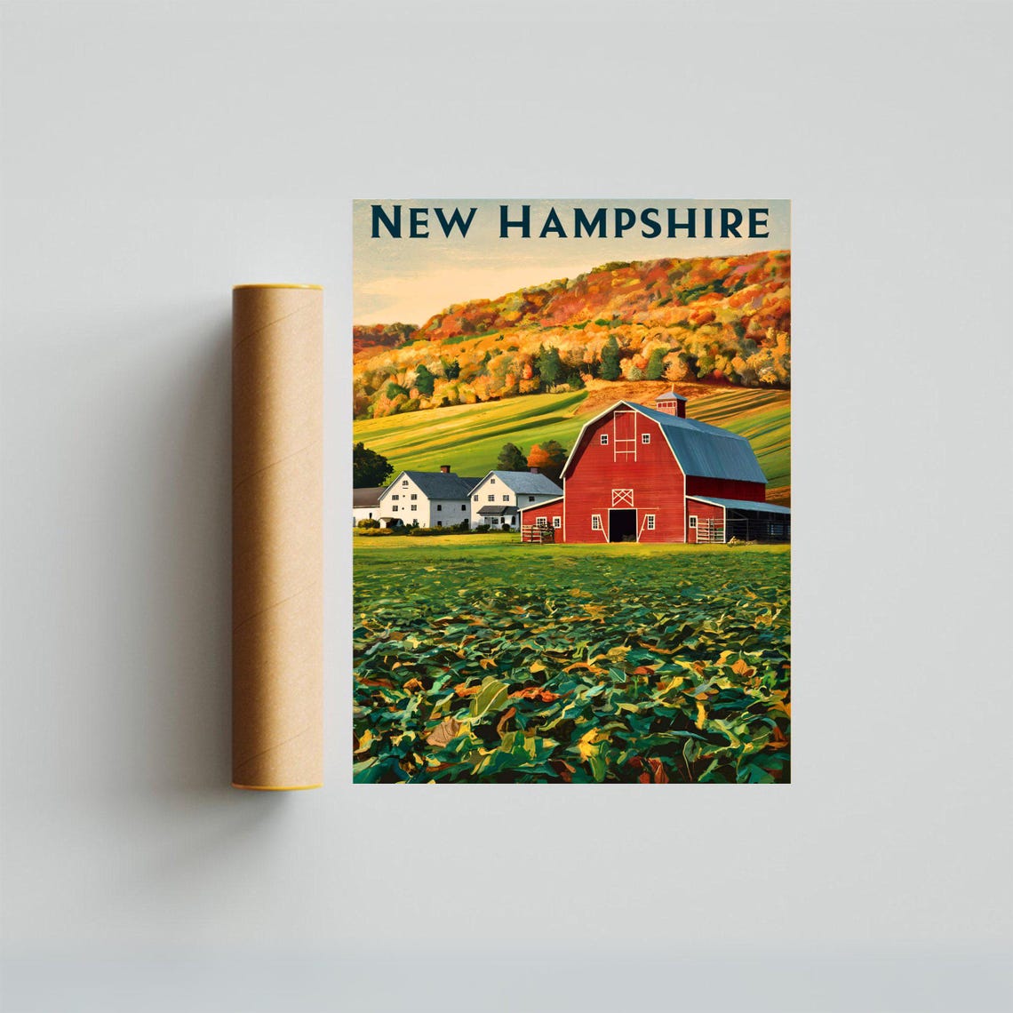 New Hampshire Vintage Red Barn Farm Fall Hillside Scene Travel Poster - Image 3