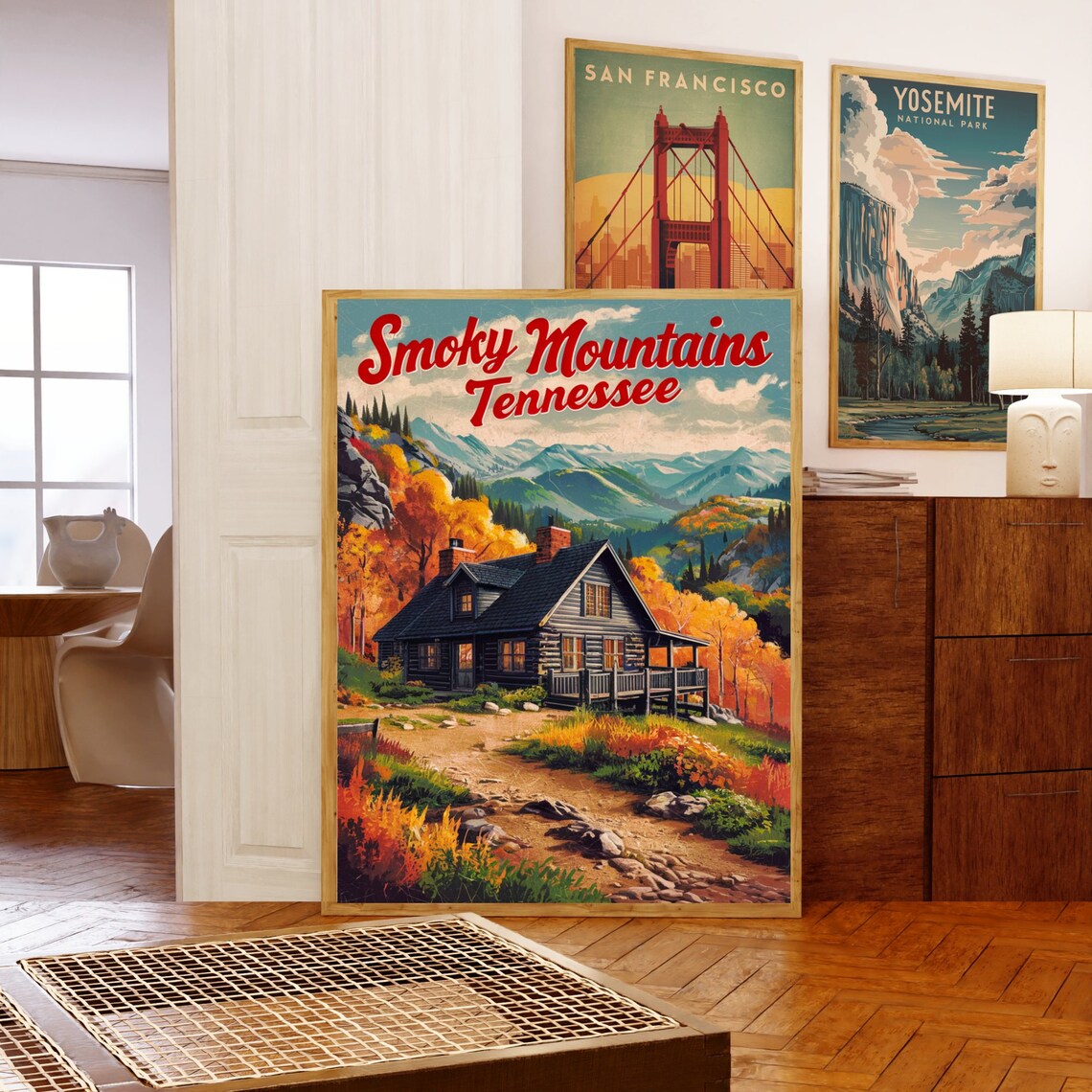 Smoky Mountains Tennessee Vintage Cabin Fall Foliage Travel Poster - Image 5