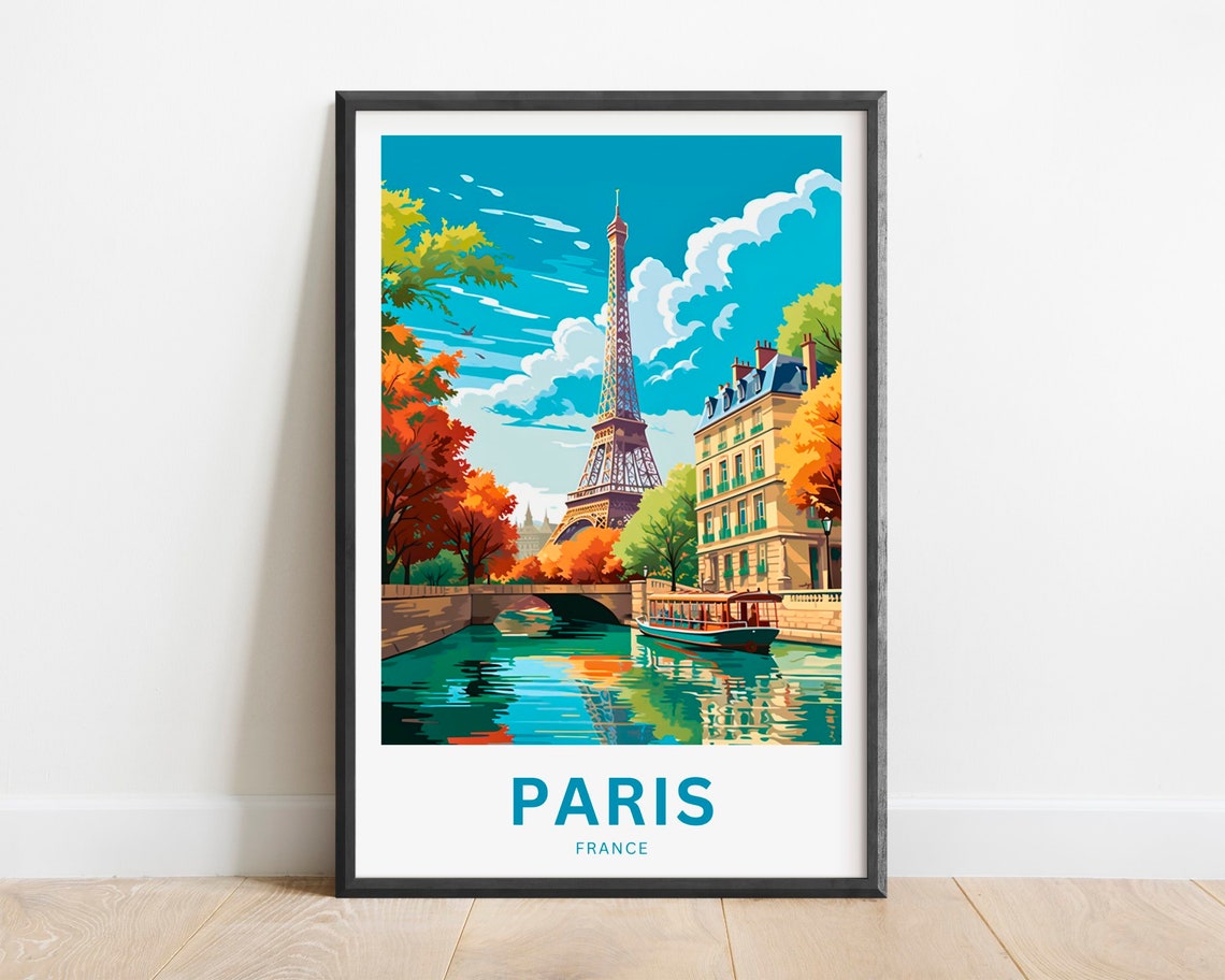 Paris France Eiffel Tower Canal Boat Autumn Trees Travel Poster