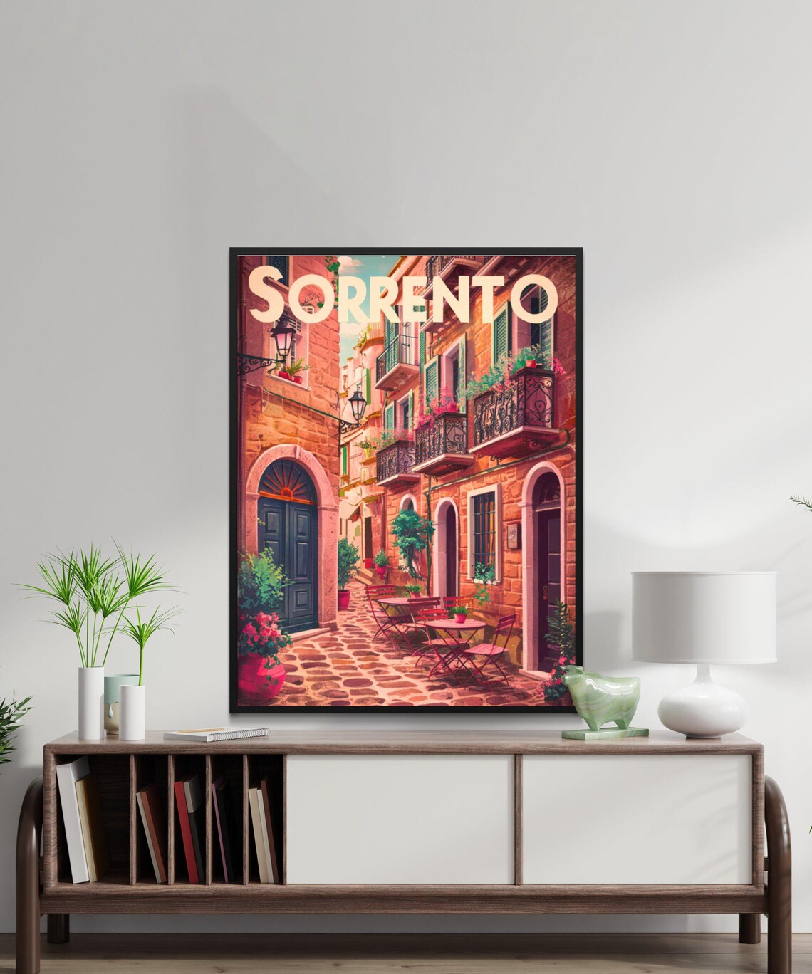 Sorrento Italy Cobblestone Old Town Cafe Street Vintage Travel Poster - Image 3