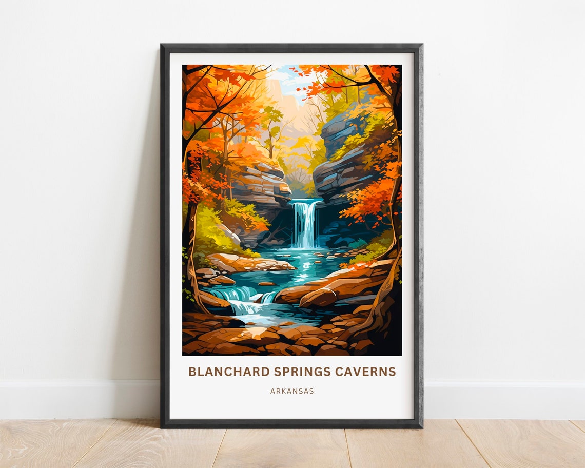 Blanchard Springs Caverns Arkansas Waterfall Autumn Travel Poster
