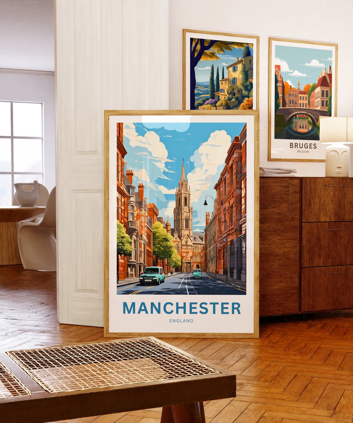 Manchester England City Street Church Red Brick Travel Poster - Image 5
