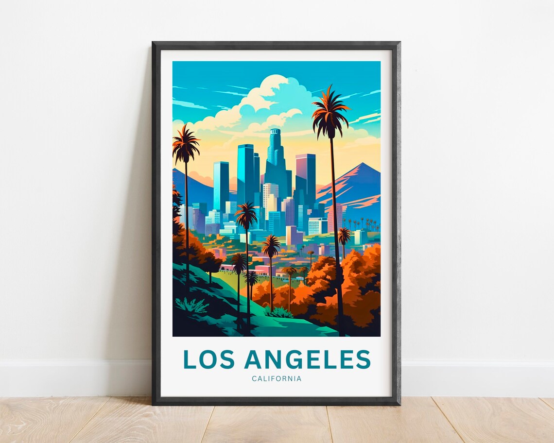 Los Angeles California Downtown Skyline Palm Trees Hills Travel Poster