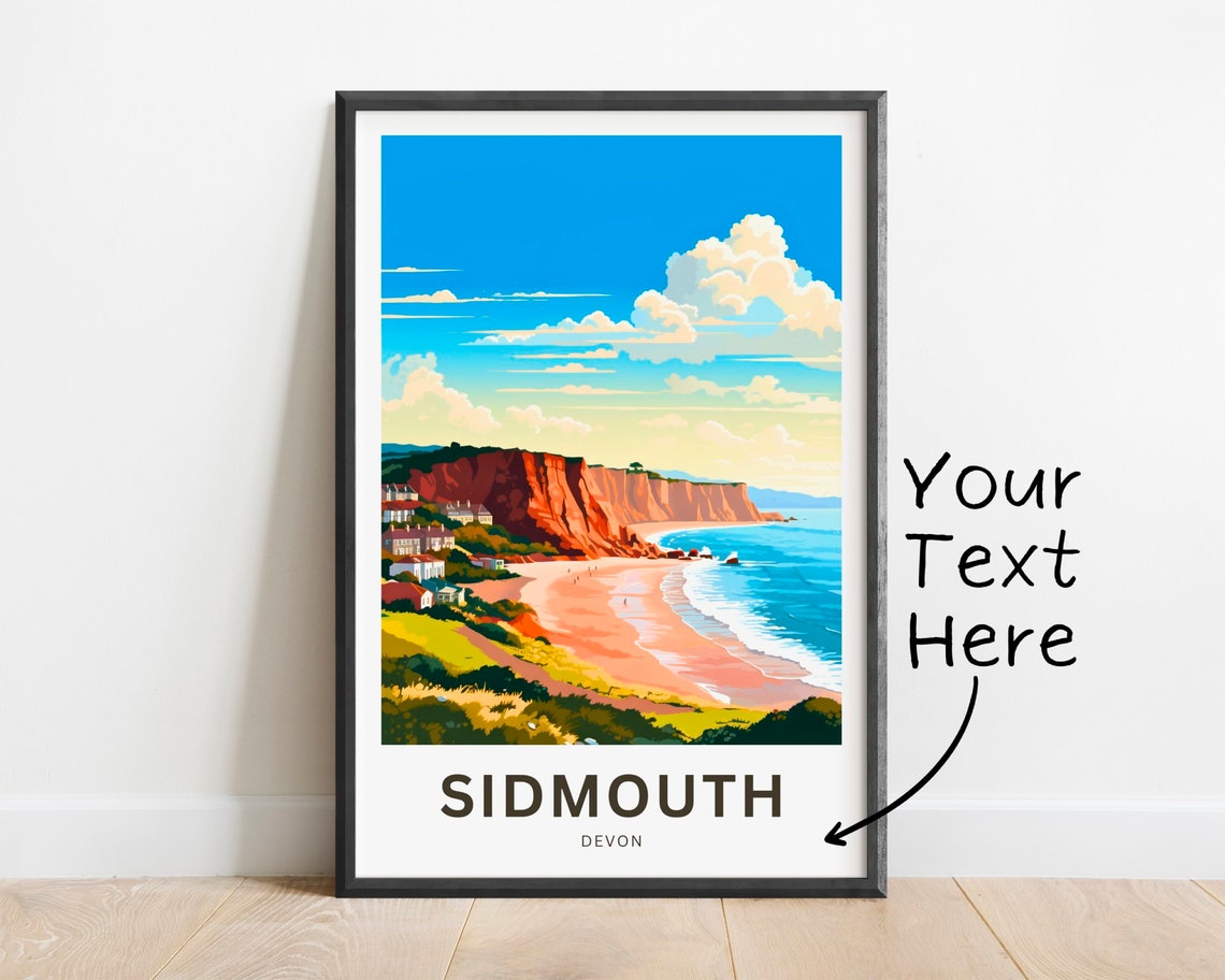 Sidmouth Devon England Red Cliffs Beach Custom Travel Poster
