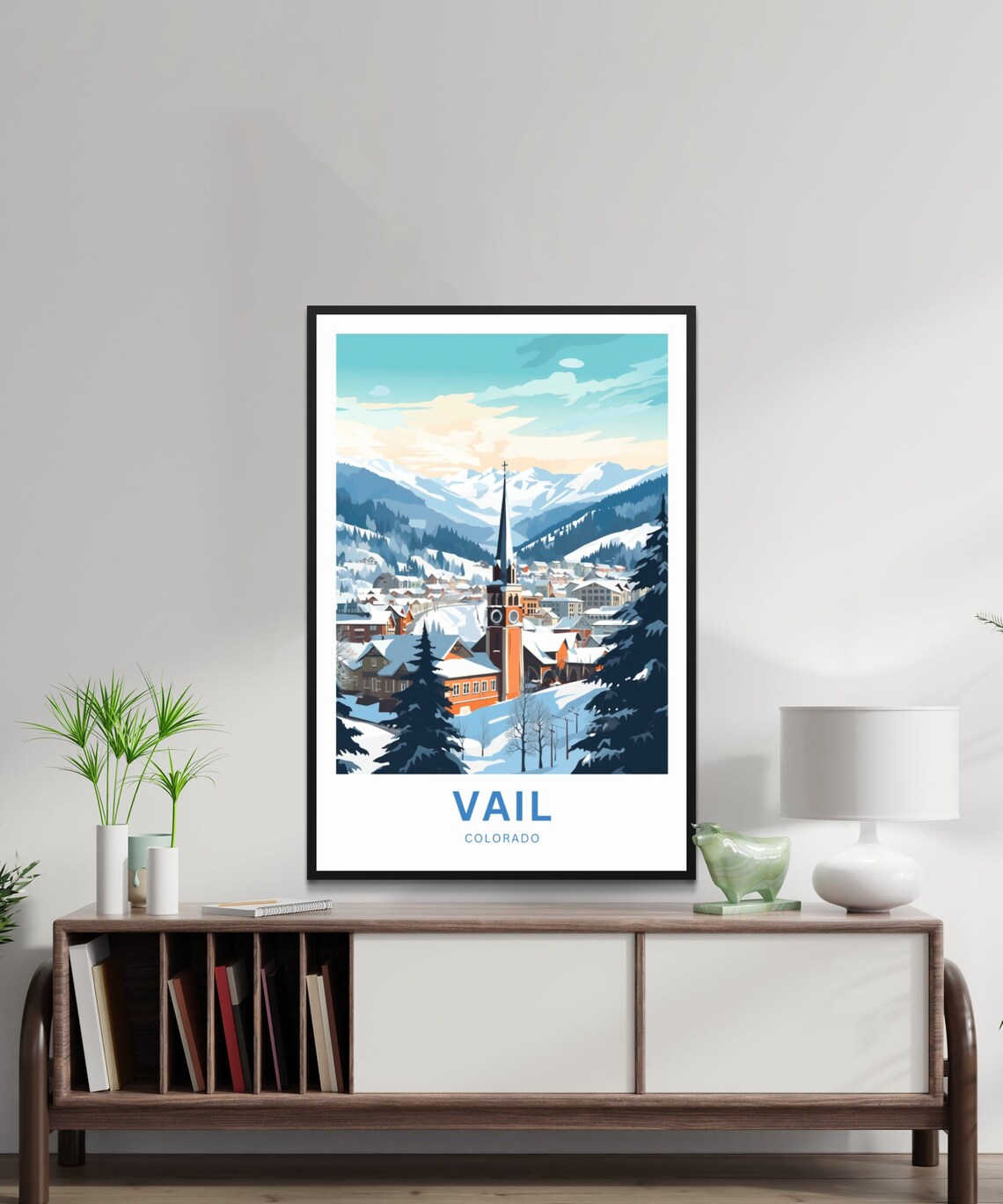 Vail Colorado Snowy Mountain Village Church Steeple Custom Poster - Image 2