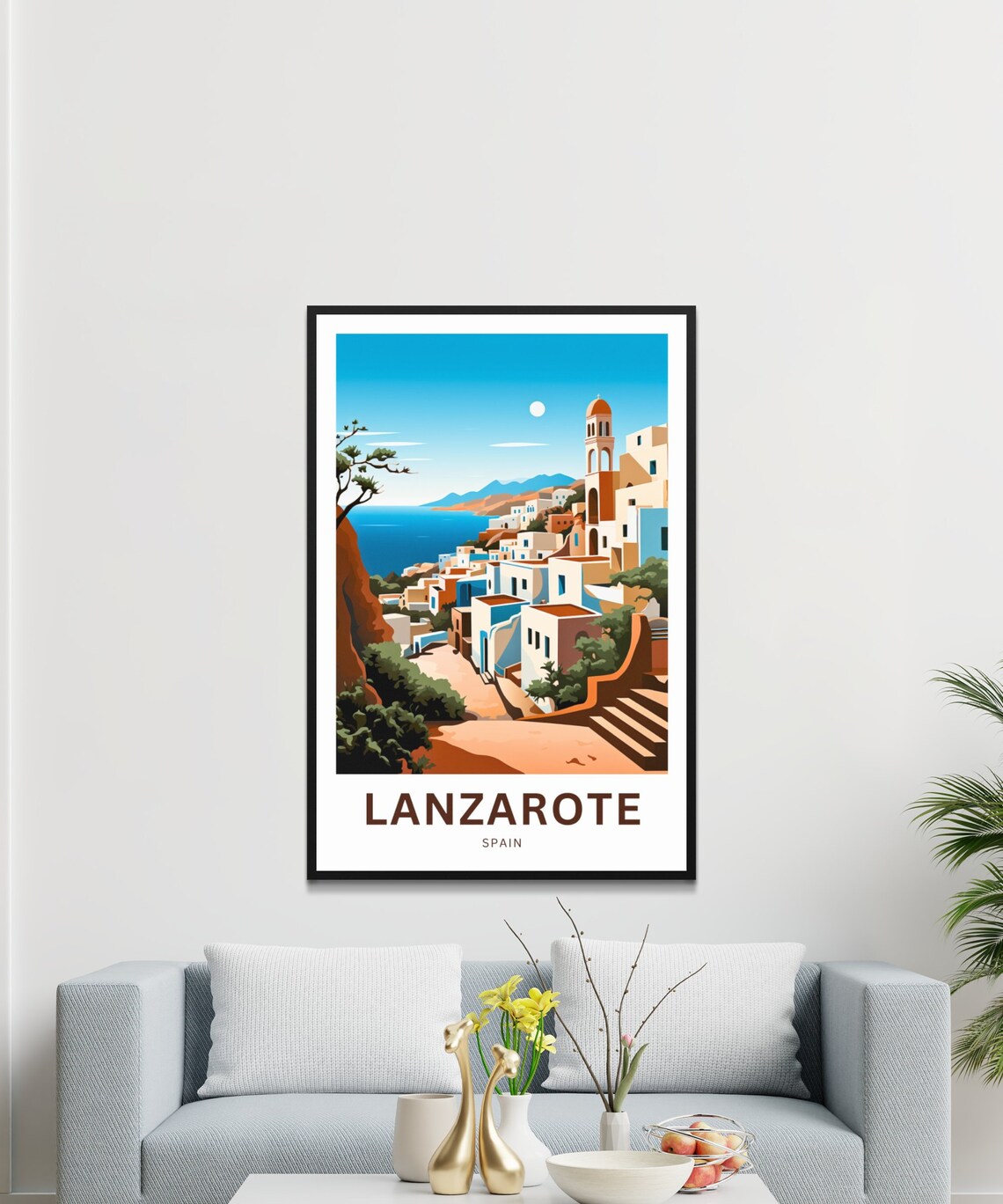 Lanzarote Spain Coastal Village Church Tower Ocean View Poster - Image 3