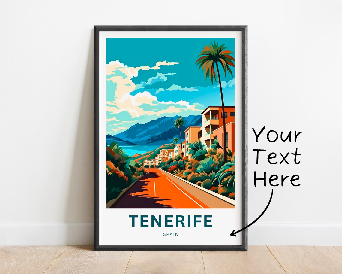 Tenerife Spain Orange Road Palms Coast Custom Vintage Travel Poster