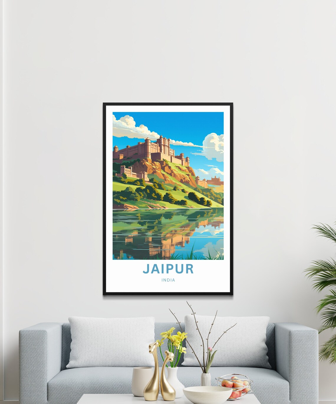 Jaipur India Hill Fort Above Lake Royal Palace Reflection View Poster - Image 3
