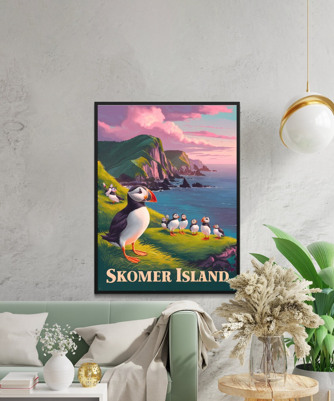 Skomer Island Wales Vintage Puffins on Cliffs at Pink Sunset Poster - Image 2
