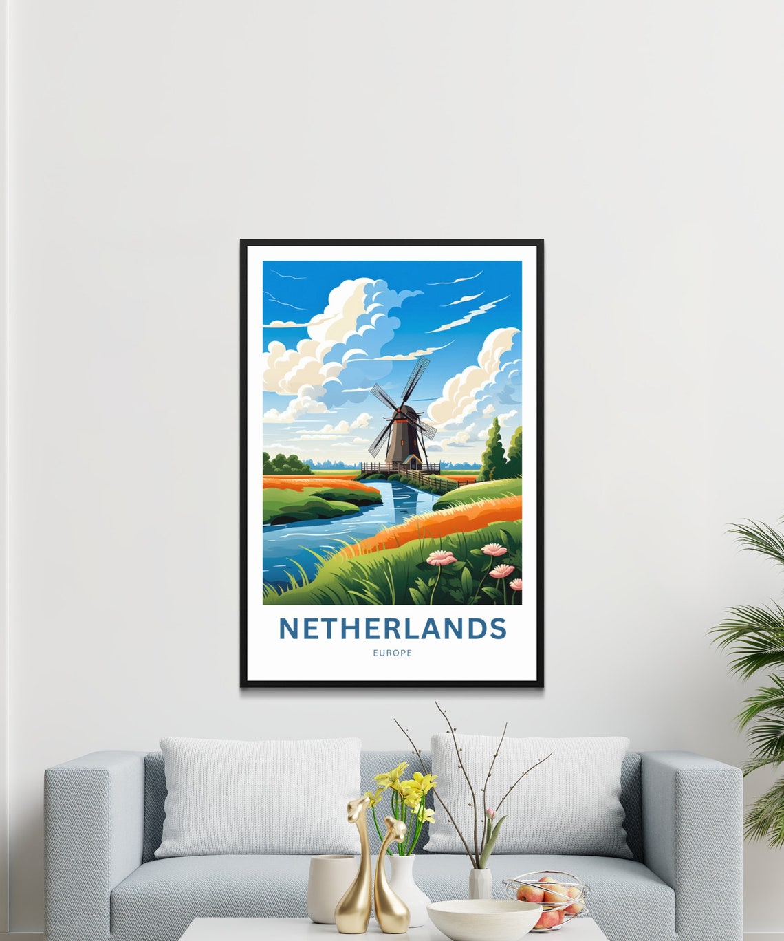 Netherlands Europe Windmill Canal Tulip Fields Travel Poster - Image 2